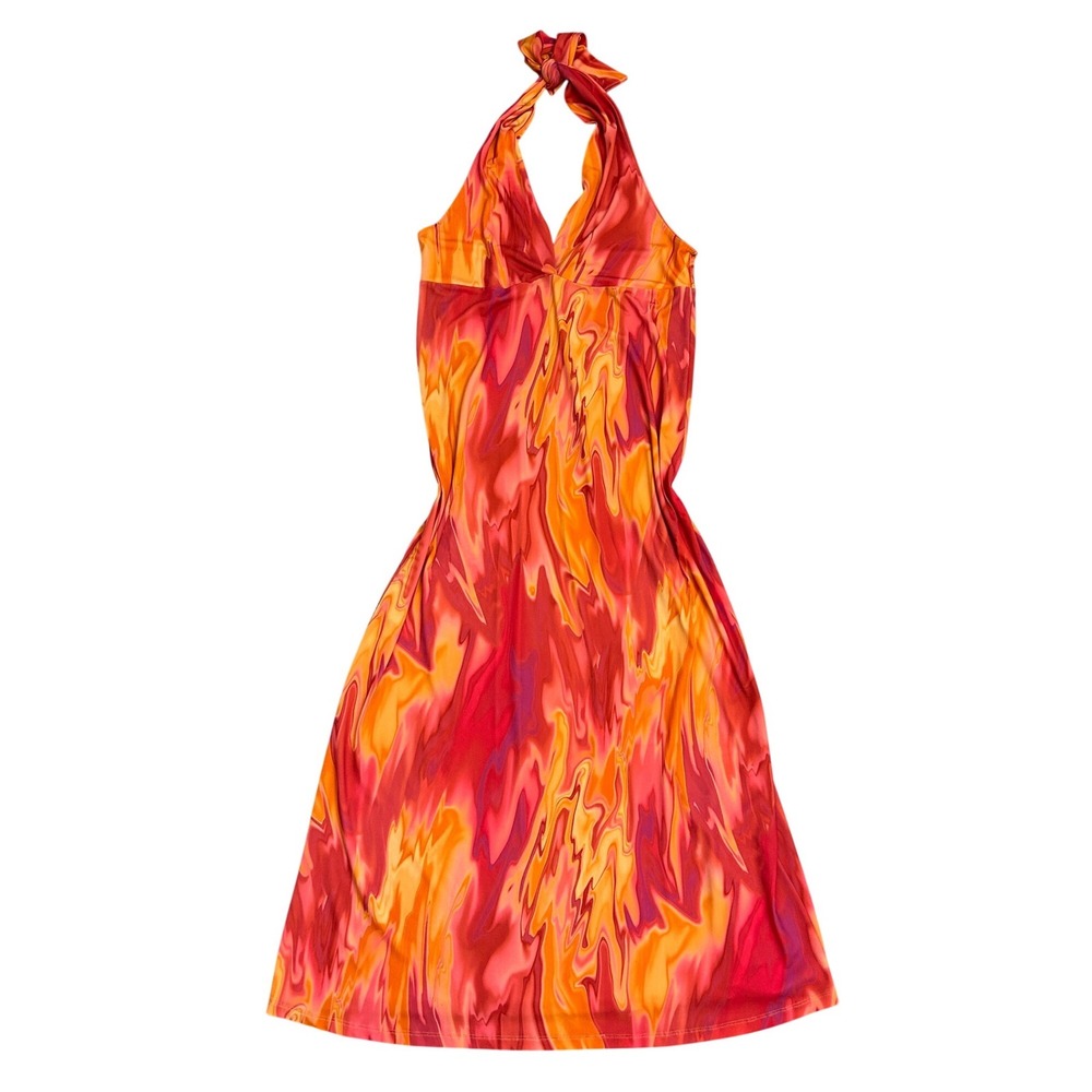 Vintage Sunset Marble Halter Midi Dress‎ M coastal vacation resortwear